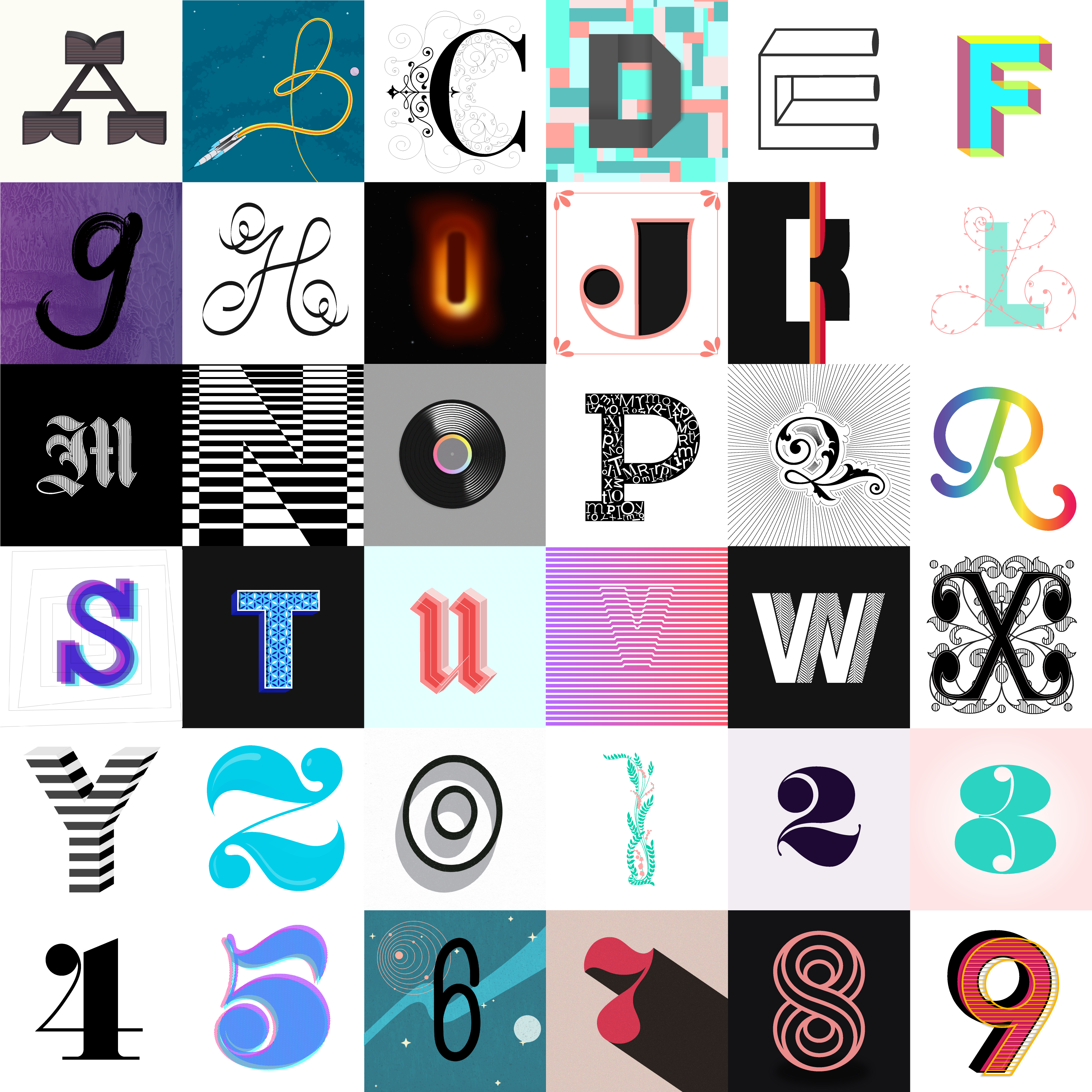 a compilation of the letters and numbers I created for the 36 days of type challenge