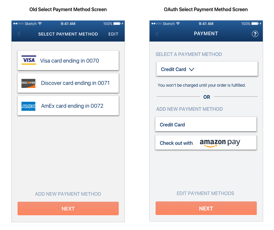 This the old version of the Select Payment screen beside the new version.