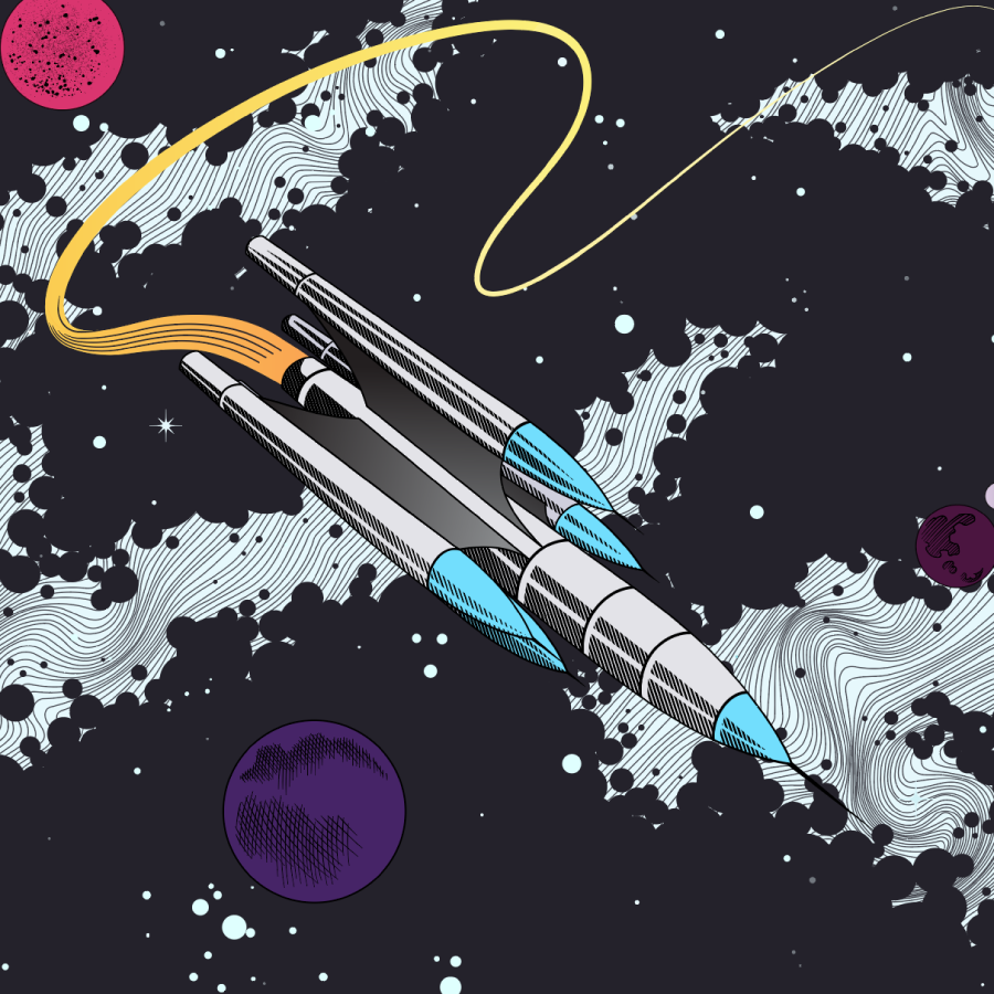 This image shows an illustration I created depicting a rocket in outer space. It was inspired by the work of comic book artist Jack Kirby.
