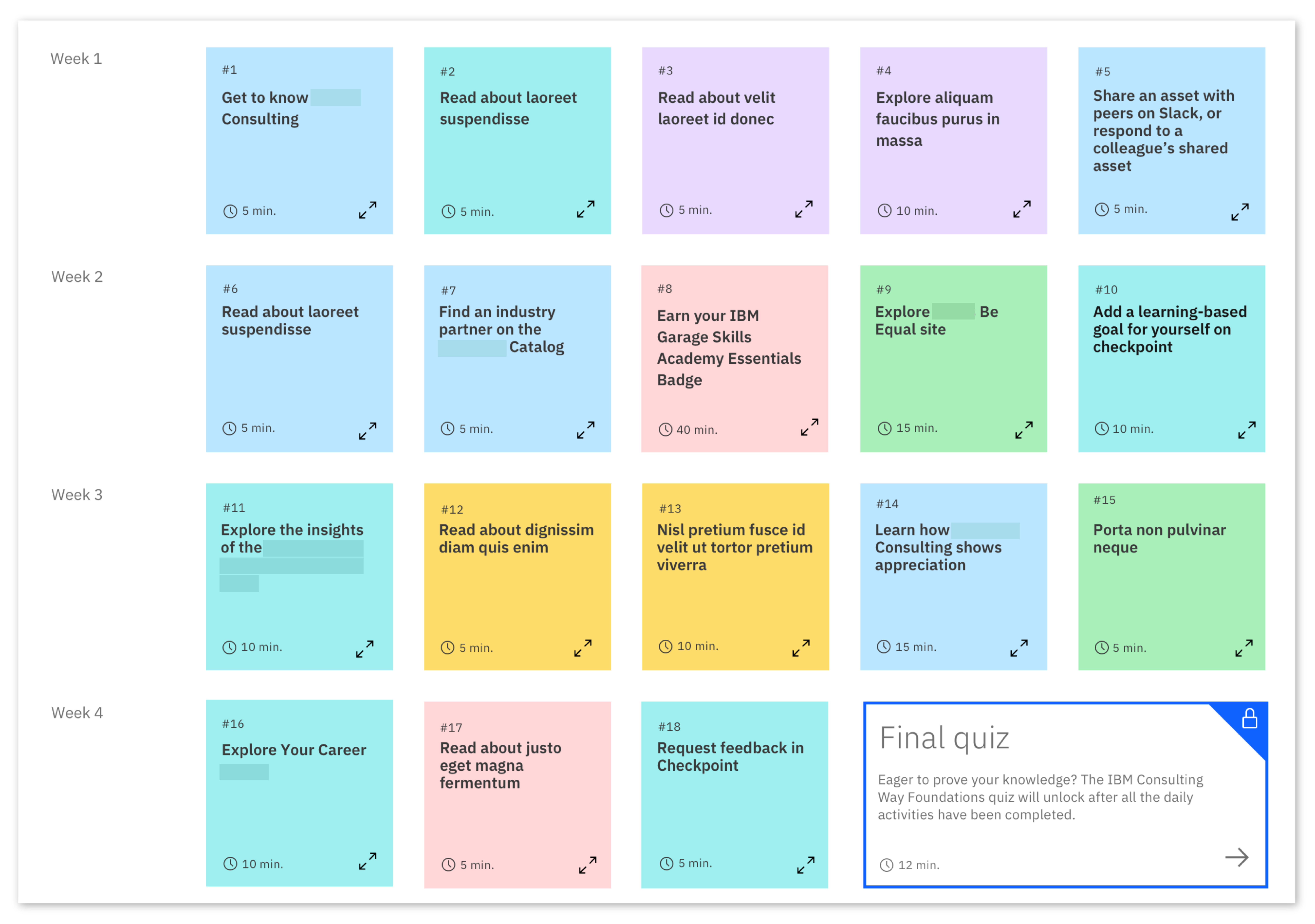 This mockup of the default eLearning course page features an activity section composed of four rows of squares which serve as interactive tiles for each activity.