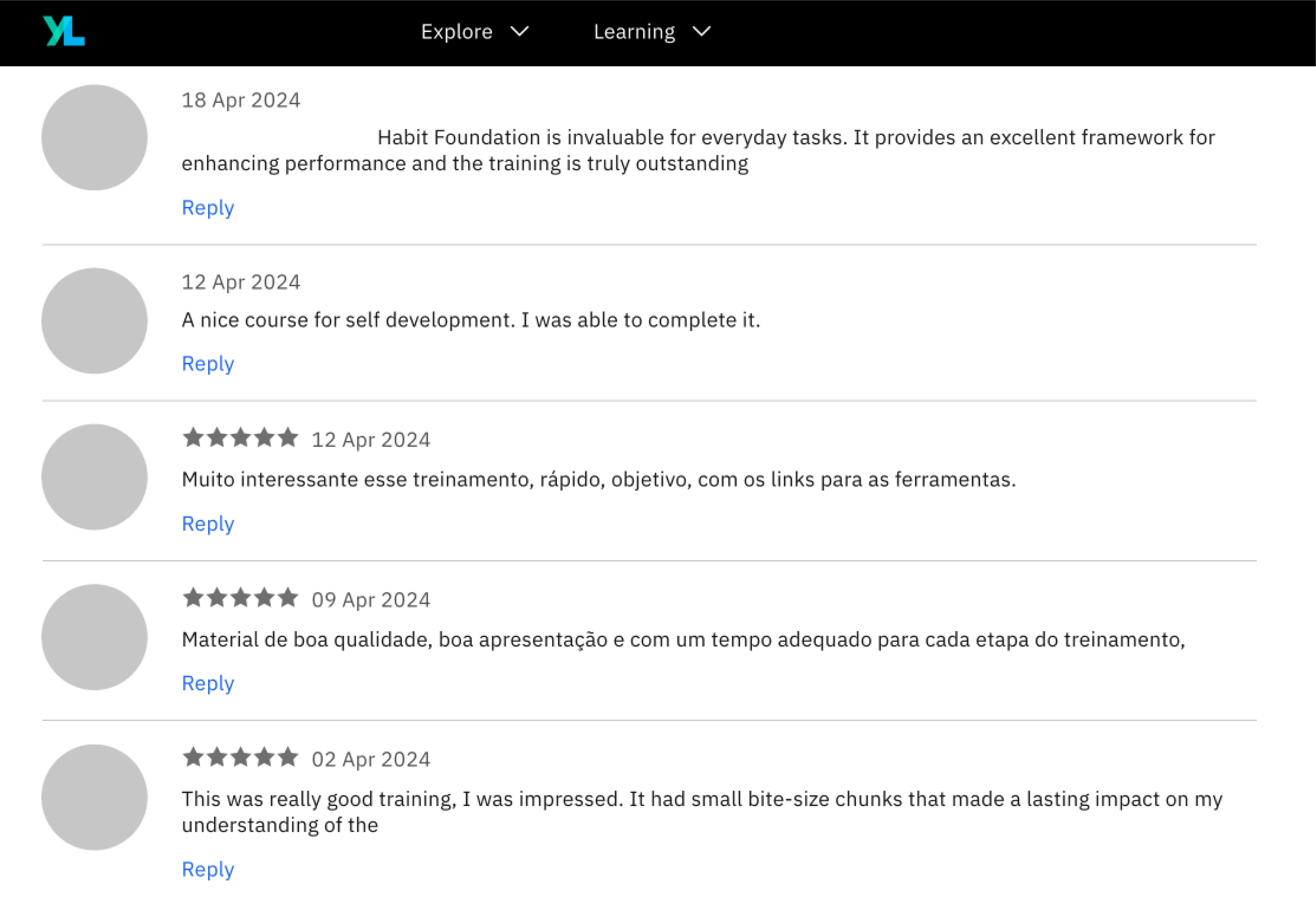 This screenshot dispalys a handful of reviews shows the positive experience a number of learners had with the course.