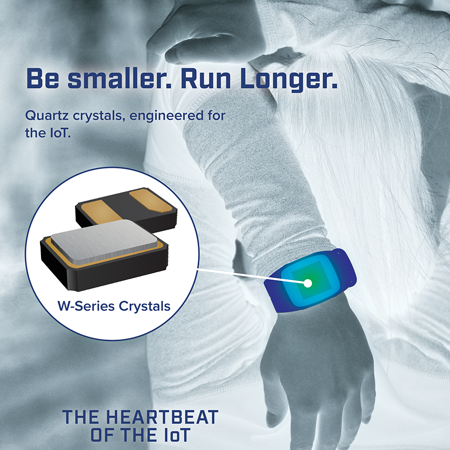This image shows a print campaign I designed and did art direction for. It depicts a black and white photo of a woman stretching while wearing a fitness watch. The text reads: Be smaller Run longer, Quartz crystals engineered for the IoT, and The heartbeat of the IoT.
